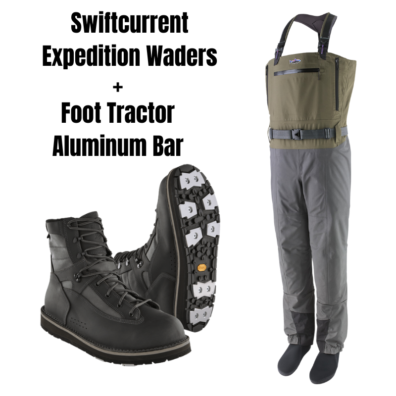 Patagonia Pánské brodící kalhoty Swiftcurrent Expedition Waders - Basin Green, vel. LLL a Patagonia Brodicí boty Foot Tractor - Aluminum Bar, vel. US 06 - EU 39