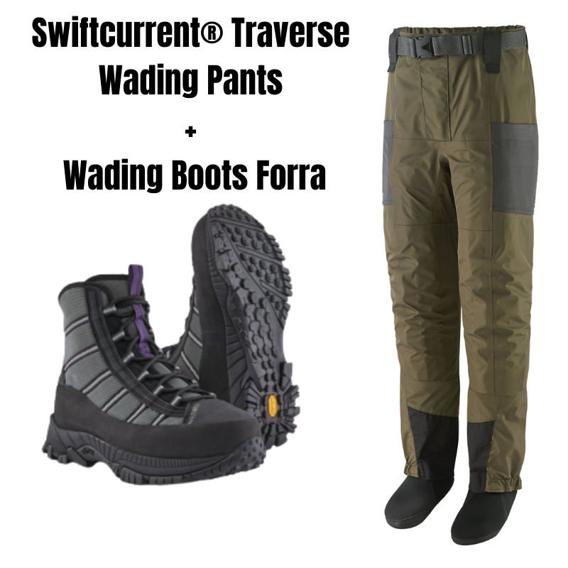Patagonia Pánské brodící kalhoty Swiftcurrent® Traverse Wading Pants, Basin Green - vel. MLM a Brodící boty Patagonia Wading Boots Forra - vel. US 14 - EU 47 