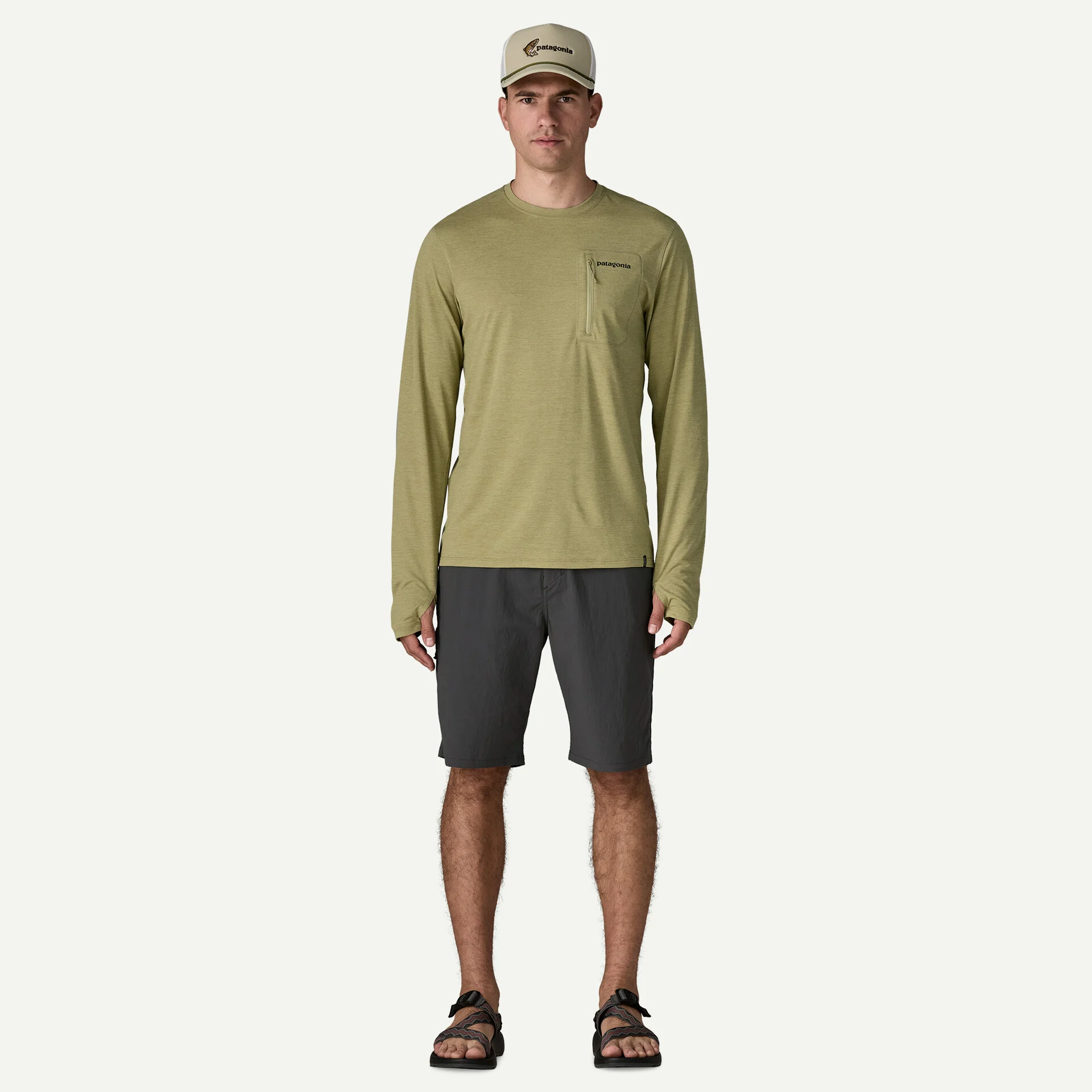 Patagonia Pánské tričko Long-Sleeved Capilene® Cool Sun Shirt - Fitz Roy Trout, Gumtree Green - Light Gumtree Green X-Dye - vel. S