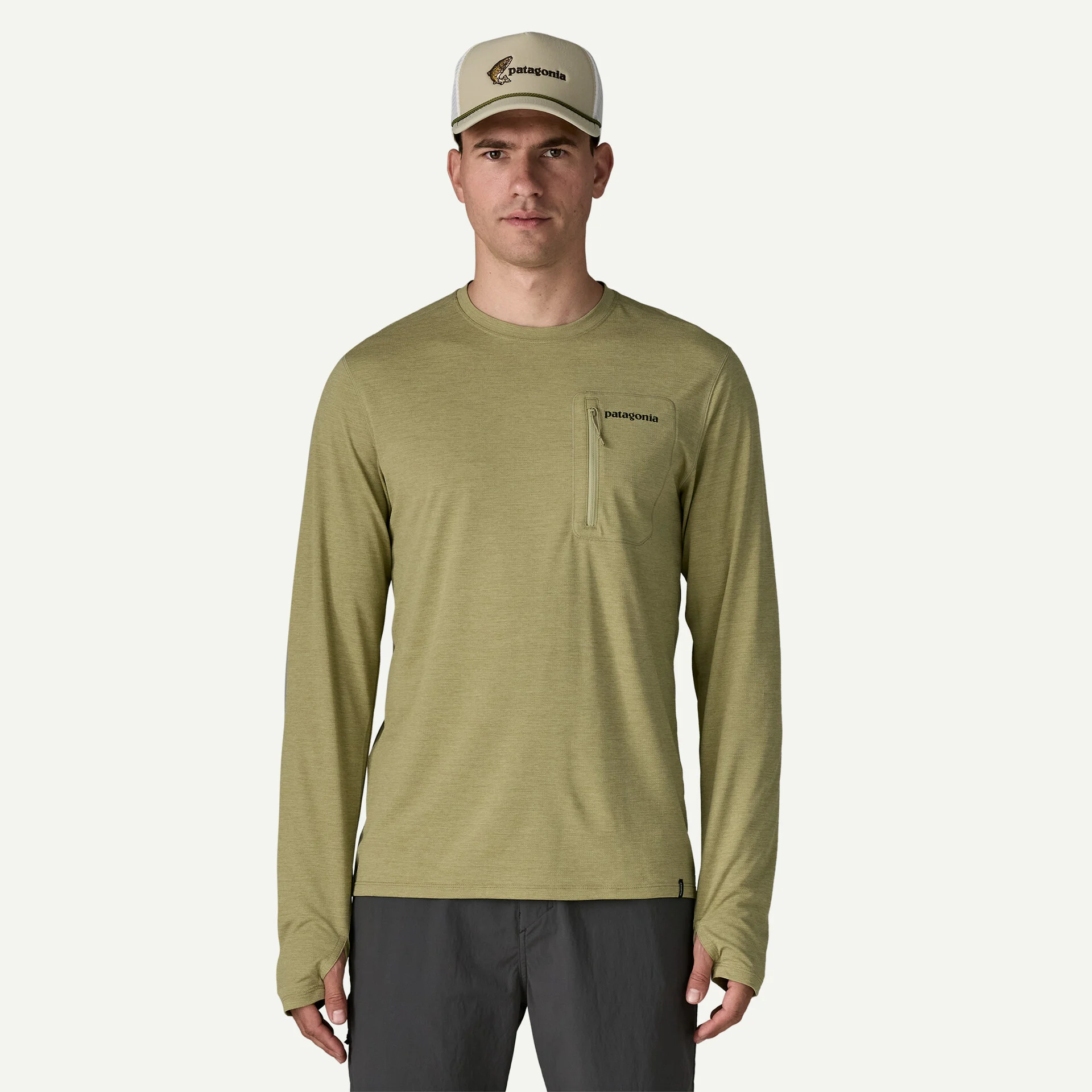 Patagonia Pánské tričko Long-Sleeved Capilene® Cool Sun Shirt - Fitz Roy Trout, Gumtree Green - Light Gumtree Green X-Dye - vel. S